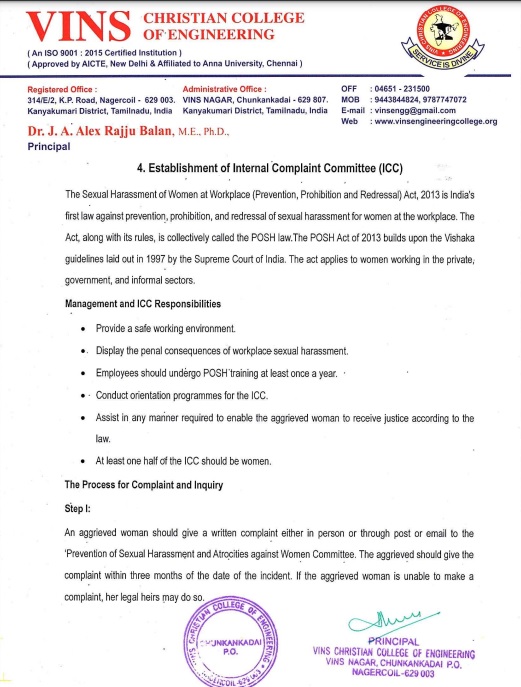 VINSCCE Internal Complaint Committee Notification